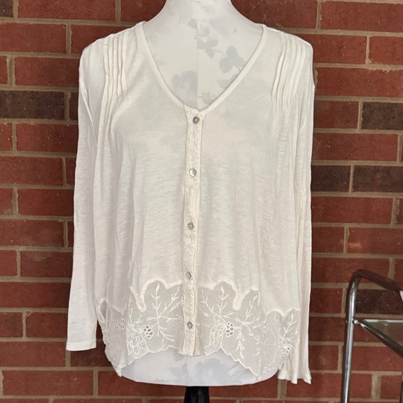 Lucky Brand Cream Button Down Shirt with Lace Hem - Picture 1 of 8